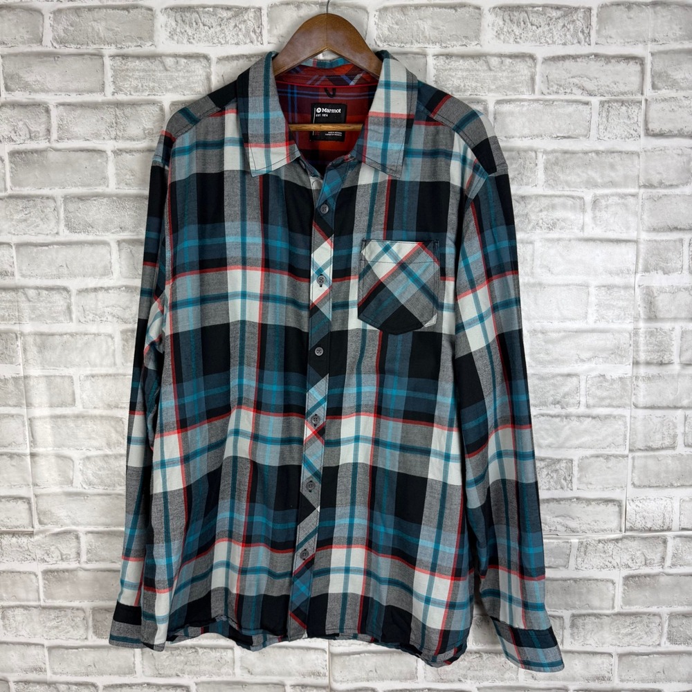 Marmot Mens XXL Long Sleeve Plaid Button Down Shirt Black Blue Orange Cotton Bln